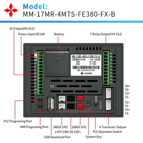 Back view of 3.8 Inch PLC HMI All In One Integrated Programmable Logic Controller showing 10 inputs, 7 relays, and ports.