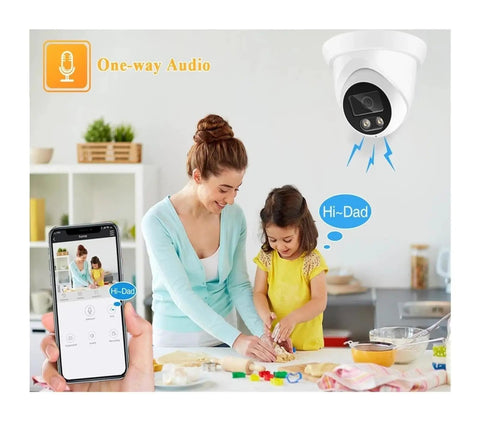 Top Shelf 4K Dome Security Camera With PoE Outdoor Surveillance capturing a mom and daughter cooking, demonstrating one-way audio feature.
