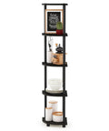 Turn N Tube Corner Shelf 5 Tier Bookshelf With Open Storage For Living Room Home Office Garage Bedroom Espresso Finish Space Saving Corner Organizer For Apartments Dorms And Small Spaces; holding decor items and pots.