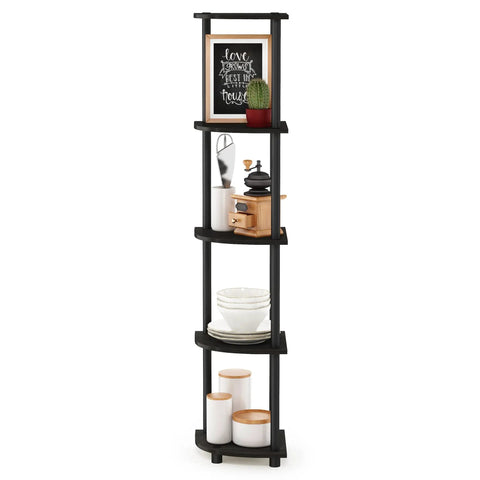 Turn N Tube Corner Shelf 5 Tier Bookshelf With Open Storage For Living Room Home Office Garage Bedroom Espresso Finish Space Saving Corner Organizer For Apartments Dorms And Small Spaces; holding decor items and pots.