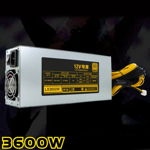 Heavy Duty 3600W Mining Power Supply For Multi GPU Rigs And Industrial Miners 180 To 265V Switching PSU With Metal Housing Quiet Operation Built Tough For Stable Power And Safety, silver metal PSU with cables