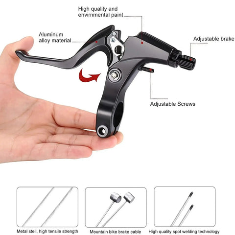Hand holding brake lever from All In One Mechanical Bike Disc Brake Kit With Front And Rear Calipers Two 160mm Rotors Cables Levers And Mounting Screws Red BB7 Style System No Hassle Plug And Play Ready To Ride