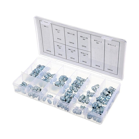 110 Pc Grease Nipple Set M6 M8 M10 Conical Straight Angled Zerk Fittings For Machinery And Vehicles in plastic organizer case