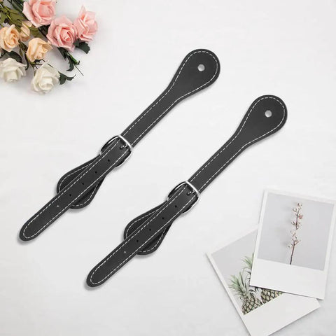 Two Pieces Handmade PU Leather Spur Straps For Western Riding With Adjustable Buckle Double Ply Reinforced Stitching Black Spurs