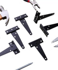 Six Pack 4 Inch T Hinges Antique Style Rustproof Black Door Window Fence Hinges Heavy Duty Hardware with tools shown