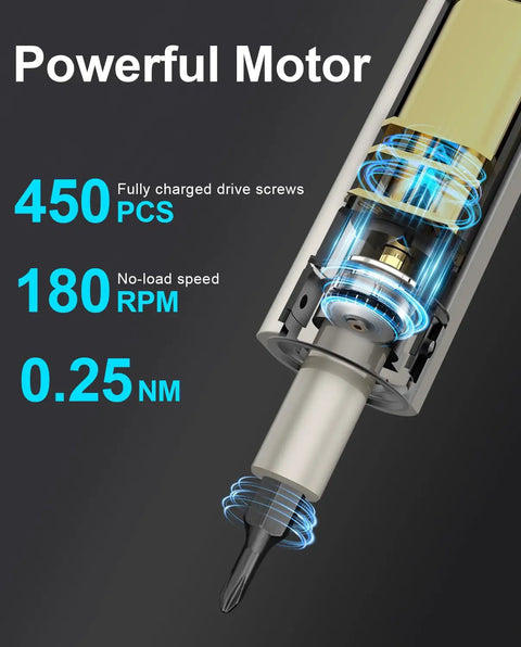 Powerful motor specs of Mini Electric Precision Screwdriver Set 67-In-1, showing torque and speed for electronics repair