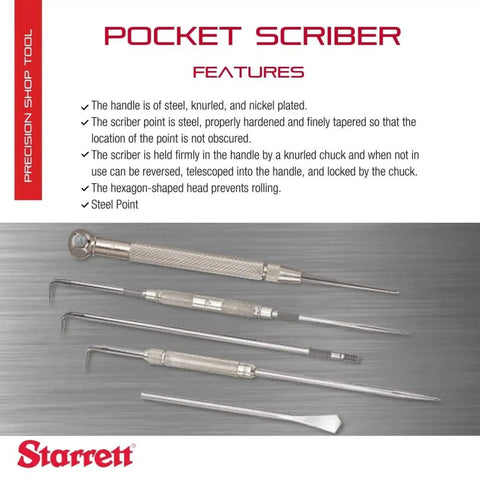 Steel Pocket Scriber With Hex Head And Knurled Nickel Plated Handle, Two And Seven Eighths Inches Long, displayed with features highlighted
