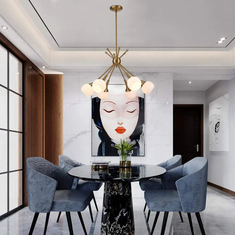 Modern dining room with Six Light Sputnik Pendant Light Modern Mid Century Chandelier Semi Flush Mount Ceiling Fixture Industrial Vintage Dope Gold Finish For Foyer Bedroom And Dining Room Rotatable Arms For Custom Shape And Easy Install With E26 Base