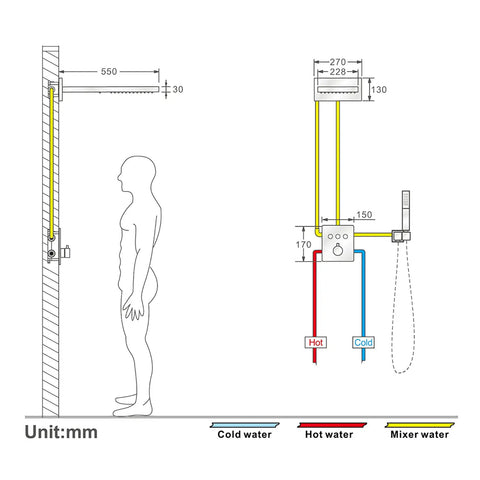 Slick Black Wall Mounted Thermostatic Shower System Featuring Heavy Duty Rainfall Head And Adjustable Handheld Sprayer No Fuss Push Button Switch For A Smooth Bathroom Game Changer diagram with dimensions and installation details.