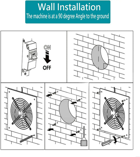 Installation guide for 8 Inch Through Wall Exhaust Fan with 500CFM, 110V, 80W, built tough metal construction, low noise operation.