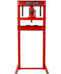 Top Shelf 20 Ton Hydraulic Shop Press With Rock Hard H Frame Floor Base Built For Ridiculous Auto Repair Grind Bearing Inserts Pulley Swaps And U Joint Pressing In Vivid Red, front view showing two support springs.