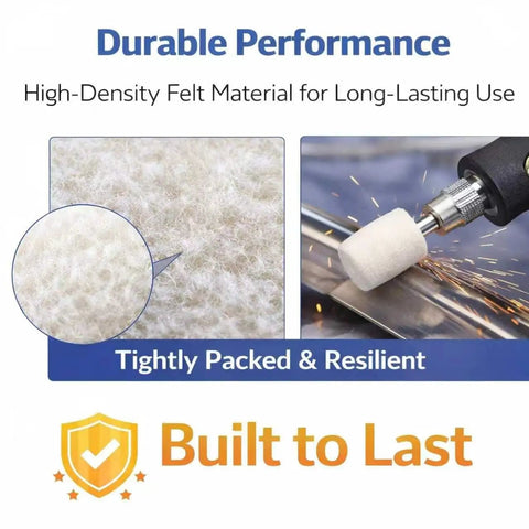 Close-up of felt material and rotary tool from Buffing Wheel Polishing Bits Kit For Rotary Tools One Eighth Inch Shank 20 Piece Set
