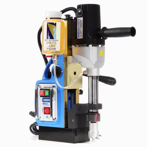Champion RotoBrute AC35 MiniBrute magnetic drill press, blue metal body with black handles and Brute Lube oil bottle.