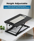 Height Adjustable Standing Desk Converter with 23.6 Inch Work Surface shown on desk with keyboard and mouse, easy elevation