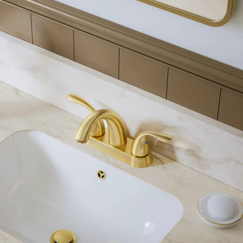Brushed Gold 4 Inch Centerset Bathroom Faucet With Two Handles, Fits 2 Or 3 Hole Mount, Includes Copper Pop Up Drain And Water Supply Lines, Sturdy Brass Construction, BF008-5-BG installed on marble countertop