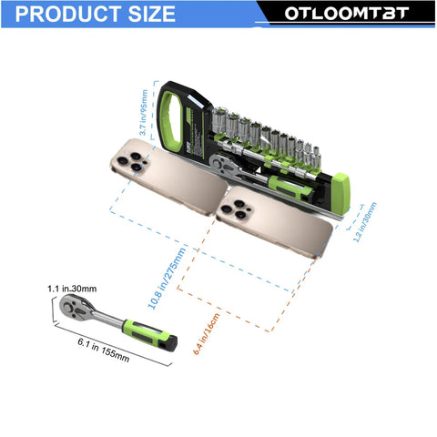 Quarter Inch Drive Ratchet Socket Set With Metric 4mm To 14mm Sockets in organizer case showing dimensions and design