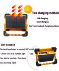 Heavy Duty 60W LED Work Light 15000 Lumens Rechargeable Waterproof Floodlamp showcasing solar panel and rotating handle.