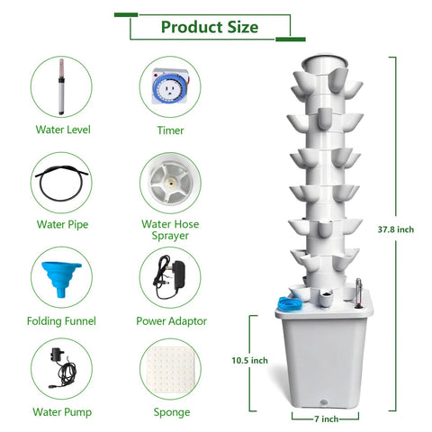Diagram of Dope Six Tier Vertical Hydroponics Tower With 30 Plant Pods, Automatic Watering Timer, showcasing components and size dimensions.