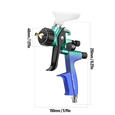 Professional Pneumatic HVP Spray Gun With 1.3 Mm Nozzle And 600 Ml Cup side view showing adjustable settings and measurements.