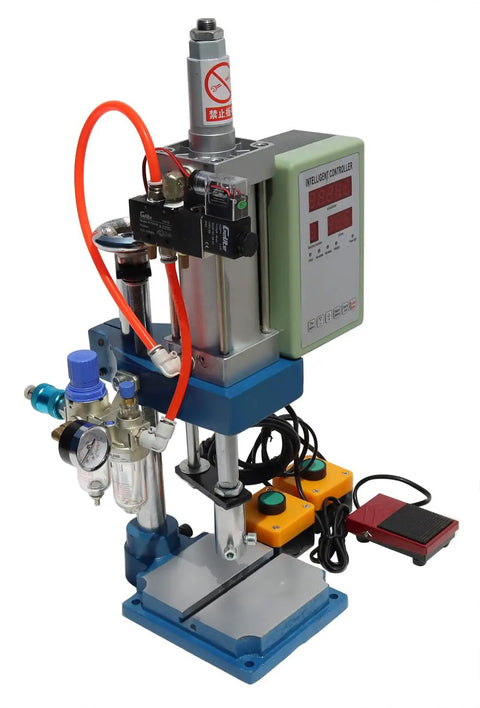 Heavy Duty Desktop Pneumatic Punch Press With Digital Display Adjustable Stroke For Sheet Metal Stamping Built Tough At 660 Lbs Force Knockout Workhorse close-up with digital controller and foot pedal.