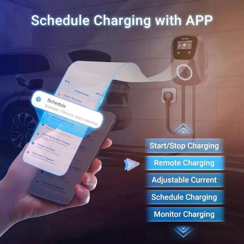 Smartphone displaying app features for Beefed Up Level 2 EV Charger 48A 240V With 25 Ft Cable Hardwired ETL Listed.