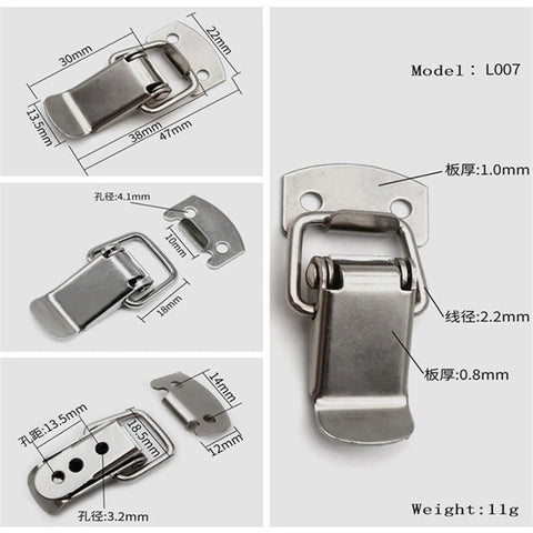 Detailed view of Stainless Steel Spring Buckle Hasp Latch for toolbox chest and cabinet with measurements and parts.