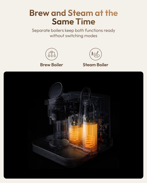 Game Changing Dual Boiler Espresso Machine With Integrated Precision Grinder And Dual Weight Sensors For Reliable Shot Prep And Silky Steamed Milk Anytime You Want To Chill And Sip, showing brew and steam boilers.