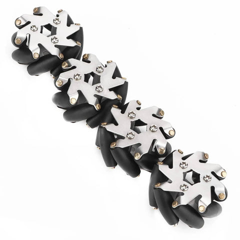 Omni Directional 48mm Steel Mecanum Wheels Set With TPR Rollers For Robot Car Left And Right Pair Beefed Up To Tackle Tight Spots High 3Kg Load Durable RC Car Accessory For Smooth Precise Multi Directional Moves, showing four wheels with steel frame and black TPR rollers.