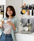 Wall Mounted Espresso Tamper Holder And Coffee Station Organizer With 54mm Portafilter Storage in kitchen setup with barista