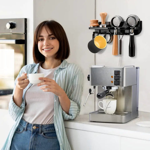Wall Mounted Espresso Tamper Holder And Coffee Station Organizer With 54mm Portafilter Storage in kitchen setup with barista