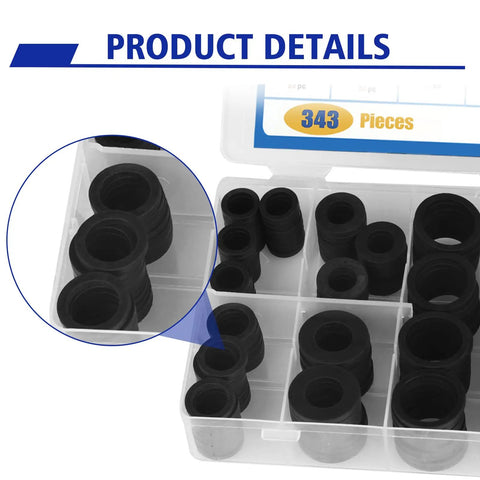Ultimate DIY Friendly Rubber Flat Washer Gasket Set For Plumbing Repairs 343 Piece NBR 70A Buna N Assortment close-up view in case