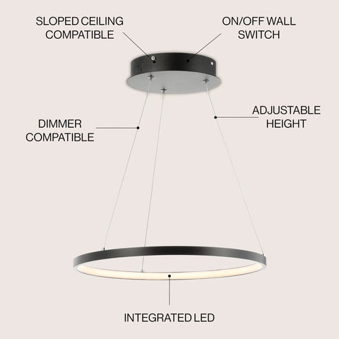 Matte Black Modern Integrated LED Pendant Light With Dimmable Round Hoop Chandelier features and compatibility details
