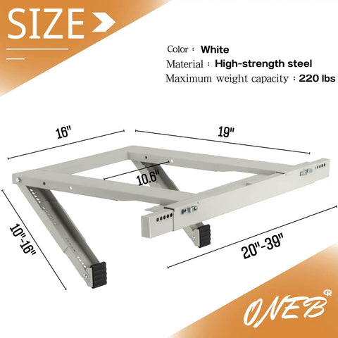 No Drill Window AC Bracket Easy Install Heavy Duty Steel Construction Holds Up To 220 Pounds charted dimensions