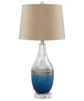 Beachy Glass Table Lamp Set Of 2 In Clear And Blue With Sand Brown Banding, Modern Glass Lamps For Living Room And Bedroom