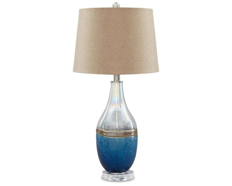 Beachy Glass Table Lamp Set Of 2 In Clear And Blue With Sand Brown Banding, Modern Glass Lamps For Living Room And Bedroom