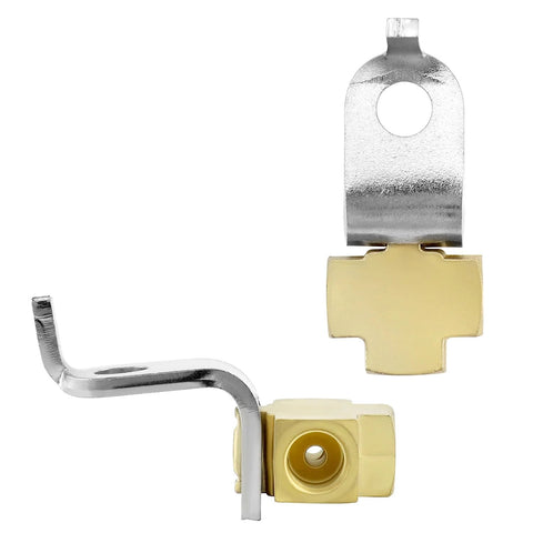 Brass 3-way female brake line tee connector for 3/16 in tubes with 3/8-24 threads, mounting bracket