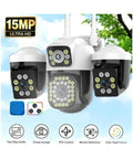 Heavy Duty Wireless Ptz Outdoor Security Camera Featuring No Sweat Setup With 15Mp Triple Lens Ai Human Tracking And Ip66 Weatherproof Shell For Zero Drama Remote Smartphone Viewing, showing 15MP lens and dual cameras design.
