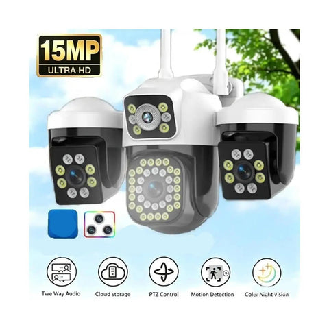 Heavy Duty Wireless Ptz Outdoor Security Camera Featuring No Sweat Setup With 15Mp Triple Lens Ai Human Tracking And Ip66 Weatherproof Shell For Zero Drama Remote Smartphone Viewing, showing 15MP lens and dual cameras design.
