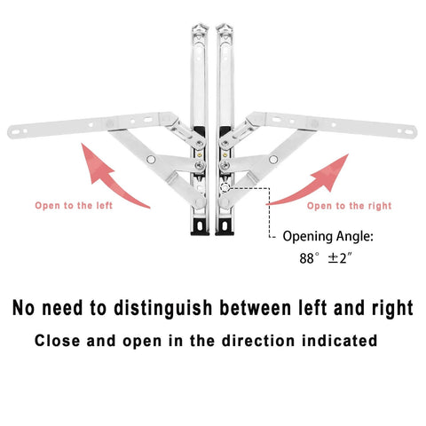 Illustration of 4 Pack 10 Inch Casement Window Hinges And Concealed Friction Stays In Stainless Steel, with opening directions.