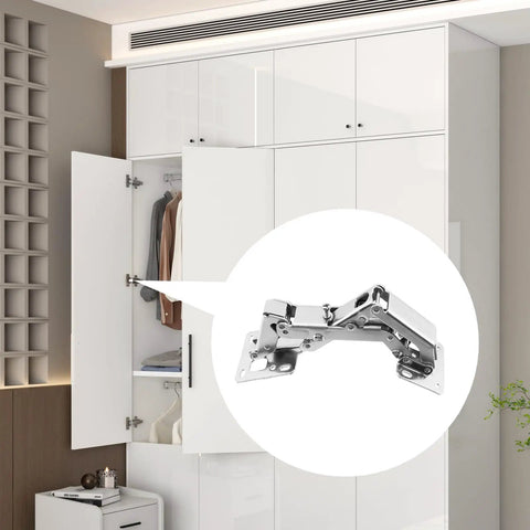Two Pairs Of Four Hinges 175 Degree Soft Close Cabinet Hinges for frameless doors in a modern white cabinet setup