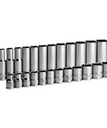 Beefy Three Eighths Inch Drive 12 Point Socket Set With Shallow And Deep Sockets Metric 8 To 19 Mm 24 Piece displayed in rows.