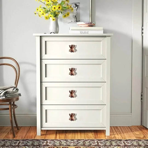 White dresser with Frog Cabinet Knobs Set Of 4 In Antique Red Bronze, Whimsical Zinc Alloy Animal Drawer Pulls installed.