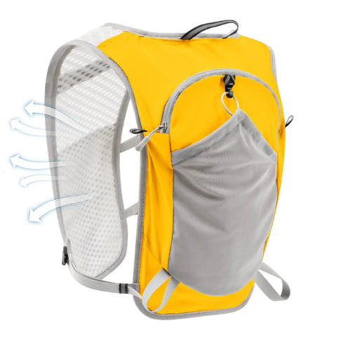 Yellow and gray hydration running vest backpack with breathable mesh and easy access design for outdoor adventurers