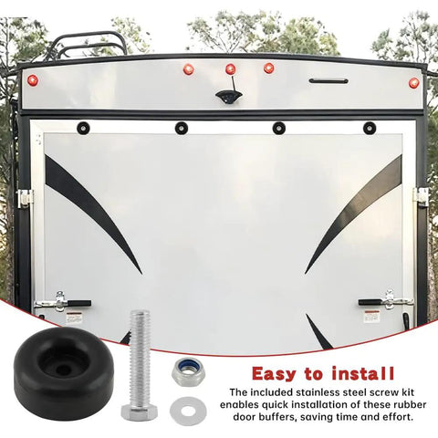 4 Pack 2.5 Inch Round Rubber Trailer Ramp Door Bumpers With Screw Kits And Reflective Strip shown on cargo trailer