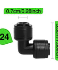One Quarter Inch Drip Irrigation Elbow Coupling Connector Quick Connect Garden Hose Elbow Connector 90 Degree Leak Free Tubing Connectors For Drip System with dimensions shown.