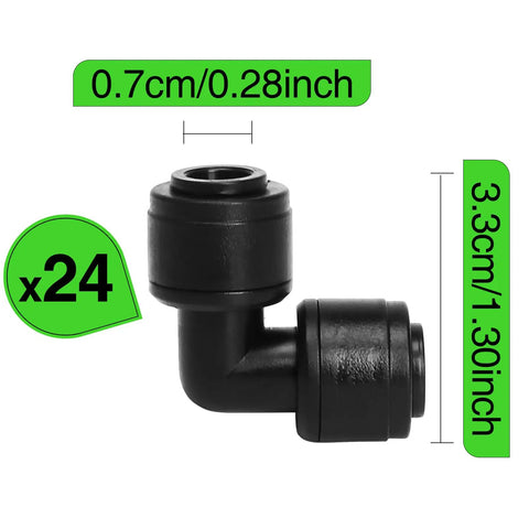 One Quarter Inch Drip Irrigation Elbow Coupling Connector Quick Connect Garden Hose Elbow Connector 90 Degree Leak Free Tubing Connectors For Drip System with dimensions shown.