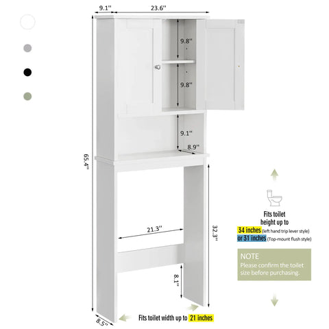 Top Shelf Over The Toilet Storage Cabinet, Slick Bathroom Space Saver Stand With Adjustable Rack And Open Cubby, Moisture Resistant White Finish, Sweet Home Upgrade dimensions and features.