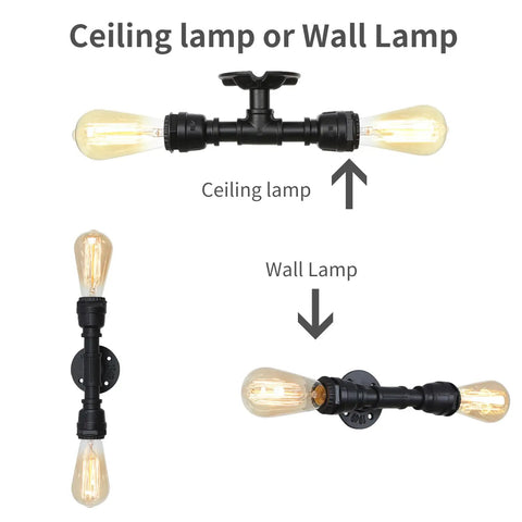 Vintage Edison Vibe Two Light Bathroom Vanity Wall Sconce In Black Finish, showing ceiling and wall mount options.