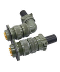 Two olive-drab MIL-C-5015 circular connector plugs with gold pins and panel-mount flanges