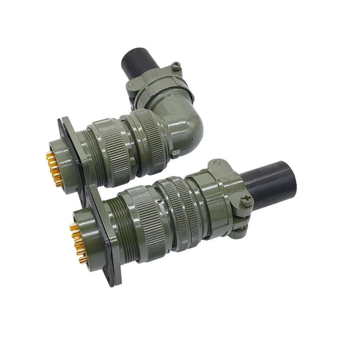 Two olive-drab MIL-C-5015 circular connector plugs with gold pins and panel-mount flanges